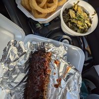 BBQ Ribs, onion rings, collard greens at The Soulful Vegan in Akron