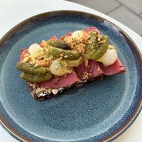 Danish rye with ”roast peaf” and curry remoulade   at Chewie's Bar in Stockholm