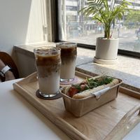 Vegan pulled pork sandwich with oat milk lattes   at Swallow Bakery & Cafe - 스왈로베이커리카페 in Seoul