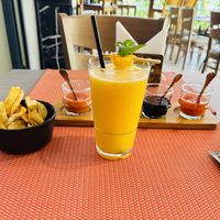 Chips, sauces and freshly squeezed OJ  at Eat Me Kech in Marrakech