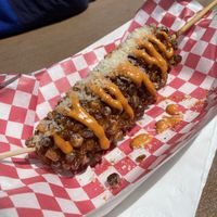 Elote Korean corn dog, delicious  at Secret Vegan Kitchen in New York City