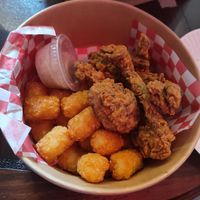 Fried chick'n (wheat gluten) bucket with ranch and tots at Secret Vegan Kitchen in New York City
