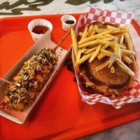 Ramen Corn Dog and the Pastrami Reuben with Fries at Secret Vegan Kitchen in New York City