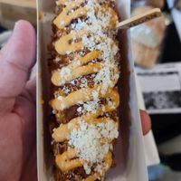 Street Corn-Corn Dog is our favorite of the 2 kinds of SVK Corn Dogs at Secret Vegan Kitchen in New York City