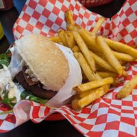 Burger with bleu cheese at Juicy J's Smoked Burgers in Poulsbo