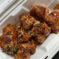 Vegan southern fried cauliflower bites with Korean sauce and kimchi 🤤   at Junkbox in Douglas