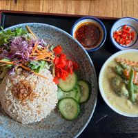 Thai green curry, supposedly with mock chicken - it came with tofu instead but we didn’t mind, the flavour was fire 😋  at Cookatoo Kitchen in Richmond