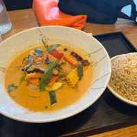 Crispy Vegan Duck Curry with brown rice at Cookatoo Kitchen in Richmond