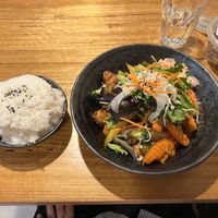 Sweet & Sour Vegan Chicken (Main) with Coconut Rice (sooo good!!!)  at Cookatoo Kitchen in Richmond