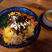 Vegan chicken katsu poke bowl and miso soup at Cookatoo Kitchen in Richmond