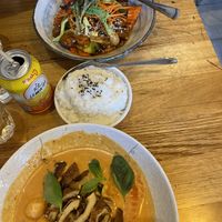 Delicious vegan sweet and sour chicken and vegan duck red curry!  at Cookatoo Kitchen in Richmond