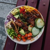 vegan chicken katsu poke bowl with soba at Cookatoo Kitchen in Richmond