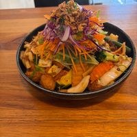 Drunken udon noodles with vegan chicken. $17 lunch special at Cookatoo Kitchen in Richmond