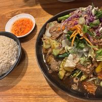 Black pepper “beef” with brown rice   at Cookatoo Kitchen in Richmond