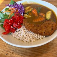 Chicken katsu curry with brown rice at Cookatoo Kitchen in Richmond