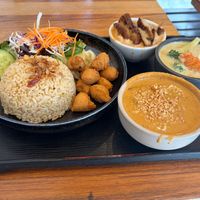 lunch special : chickpea massaman,  green curry tofu and duck panang. With added vegan chicken at Cookatoo Kitchen in Richmond