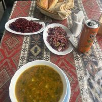 Lentil soup and salads  at LTD Aragast - Parus Lunch in Sevan