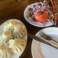Mushroom khinkhali and grilled vegetables  at Chashnagiri in Tbilisi