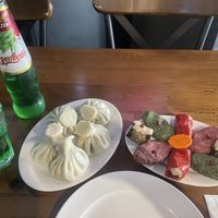 Estragon Lemonade (4 GEL), mushroom khinkali (2 GEL each) and pkhali assortment (20 GEL)  at Chashnagiri in Tbilisi