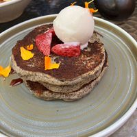 Brunch Buckwheat pancakes with fermented strawberries and spruce tip ice cream at Hawker in Toronto