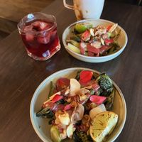 Gai lan, hibiscus tea, coffee  at Hawker in Toronto