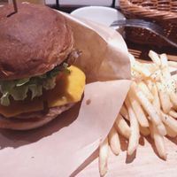 Soy meat vegan cheese burger with fries at Craft Beer Server Land in Tokyo