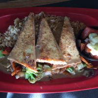 Thai Curry Tofu with Asian vegetables and rice at Mr Bones BBQ in Holmes Beach