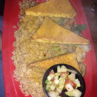 tofu with rice, veggies and mediterranean side dish at Mr Bones BBQ in Holmes Beach