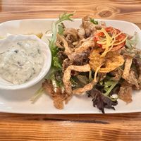 Oyster mushroom calamari.  Portion was small, there was a lot of lettuce (no dressing) under some very thin flattened mushrooms. Tasty, but small, not “filling” portion.   at Brie & Barrel in Port Alberni