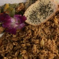 Jambalaya w/Vegan Hot Sausage & Garlic Bread (they were out of cornbread)  at Vegan Voodoo in Lancaster