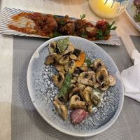 Vegan meatballs, garlic mushroom. I started eating before taking the pics sorry!   at Cristal in Mallorca