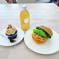 Coronation chickpea sandwich, salted caramel chocolate cake, Charitea lemon tea 💚✨  at Ruby's of London in Tunbridge Wells