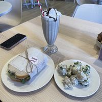 Sweet Potato, Falafel, and Hummus Sandwich/Vanilla Chocolate Chip Milkshake/Potato Salad!  at Ruby's of London in Tunbridge Wells