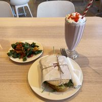 Kale and Butternut squash salad/Chickpea “Tuna” Sandwich/Strawberry Cream Milkshake!  at Ruby's of London in Tunbridge Wells