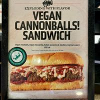 Vegan Cannonballs! Sandwich sign displayed prominently at the cash register   at Earl of Sandwich - Planet Hollywood in Las Vegas