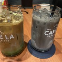 Sesame latte and dirty matcha latte both with soy milk  at Cafe LA in Osaka