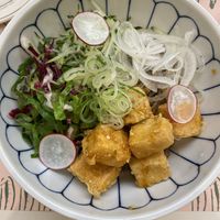 Cold buckwheat noodles w fried tofu.  Super yum!  at Plantude 플랜튜드 in Seoul