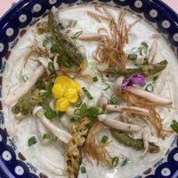 Tteokbboki…not like any other I’ve had.  Delicate herby cream sauce and the fried mushrooms and hot peppers give it a nice pop of flavor!   at Plantude 플랜튜드 in Seoul