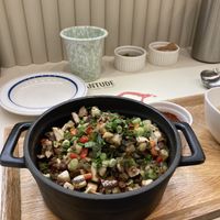 Healthy up bowl - eggplant and veggies over rice in a stone pot  at Plantude 플랜튜드 in Seoul