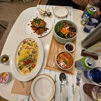 Set B for 2: bibimbap, tofu stew, pasta, fried mushrooms at Plantude 플랜튜드 in Seoul