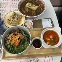 Signature Warm Noodle Soup set (top) & Tofu Crumble Bibimbap set (bottom)  at Plantude 플랜튜드 in Seoul