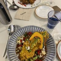 Fried tofu and mushrooms top, curry below  at Plantude 플랜튜드 in Seoul