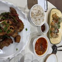 Tofu and fried mushrooms + rice + fried gyoza + tofu in sauce  at Plantude 플랜튜드 in Seoul