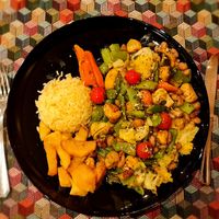 Main: Selection of seasonal vegetables, sautéed mushrooms, pulses, carbohydrates, herbs
and olive oil at Carvalho in Chaves
