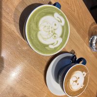 Matcha latte and cappuccino - both with almond milk   at Harvest Food & Drinks in Jasper