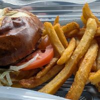 Vibin vegan burger with fries at B-UNOS in Mt Holly