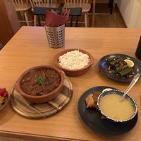 Lentil soup, dolmas, pickled veggies, eggplant dish with rice  at Civat in Landstuhl