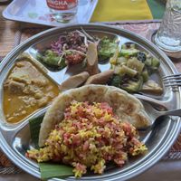 Daily set with sausage as extra protein  at Lamai Veggie in Koh Samui