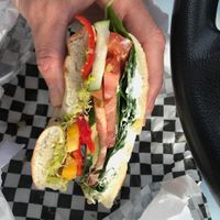 veggie bagel to go, with hummus and avocado at Corner Tavern & Cafe in Cumberland