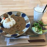 Curry (vegan), salad (vegan) and lassi (vegetarian). at Museum Cafe - Okinawa Prefectural Museum in Naha